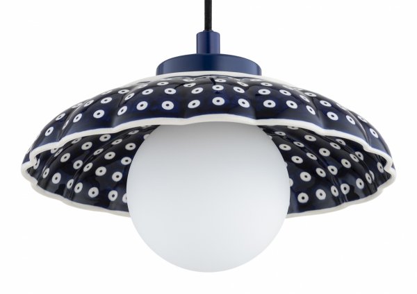 Lampa wisząca ceramika Bolesławiec granatowa muszla w kropki ręcznie zdobiona designerska wyjątkowa BOLL 8948 Argon x Manufaktura w Bolesławcu 