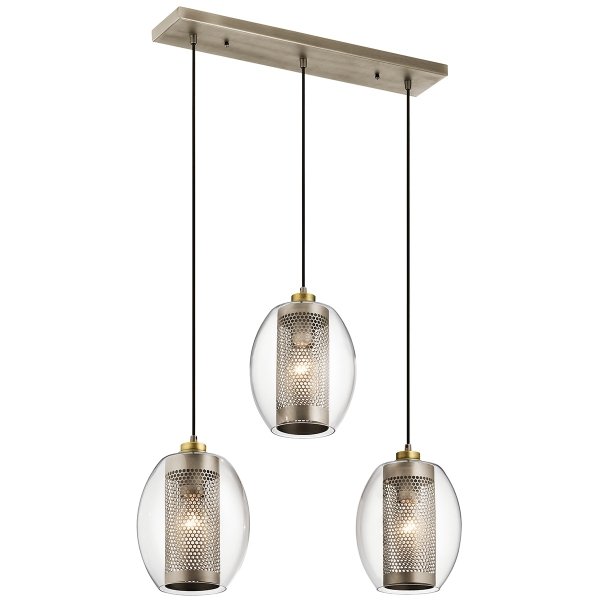 Lampa wisząca Asher II - 3 źródła światła Antyczny pewter szkło i stal industrialna regulacja wysokości KL-ASHER-3PR-AP KICHLER