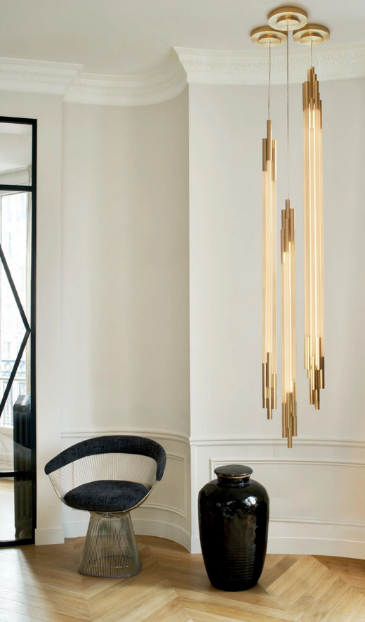 Lampa wisząca złota podłużna 160cm z dekoracyjnych rurek szklana designerska nowoczesna ORG Vertical ORG P V 1600 DCW Editions