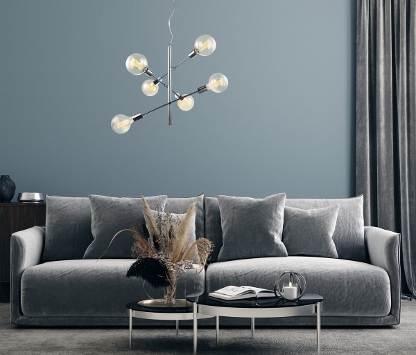 INDUSTRIANA CHROMOWA LAMPA WISZĄCA DO SALONU VINTAGE ITALUX MADALYN MDM3582/6 CH LAMPA STICKS MOLEKULARNA