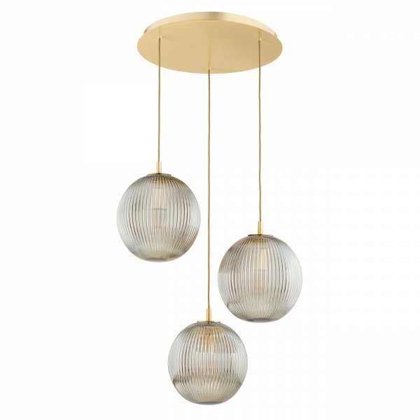 Lampa wisząca glamour 3 płomienna szklana szary lister kule różne wysokości złota na okrągłej podsufitce PALOMA 6312 Argon
