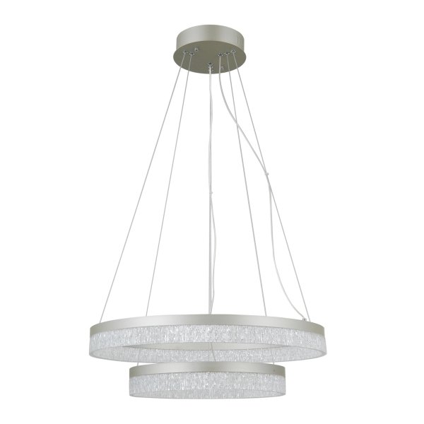 Elegancka srebrna lampa wisząca Italux Pantal PND-34533-2L-SILV. Dwa chromowane, połyskujące pierścienie z kryształowymi kloszami zawieszone na subtelnych linkach, tworzące nowoczesną i luksusową kompozycję.