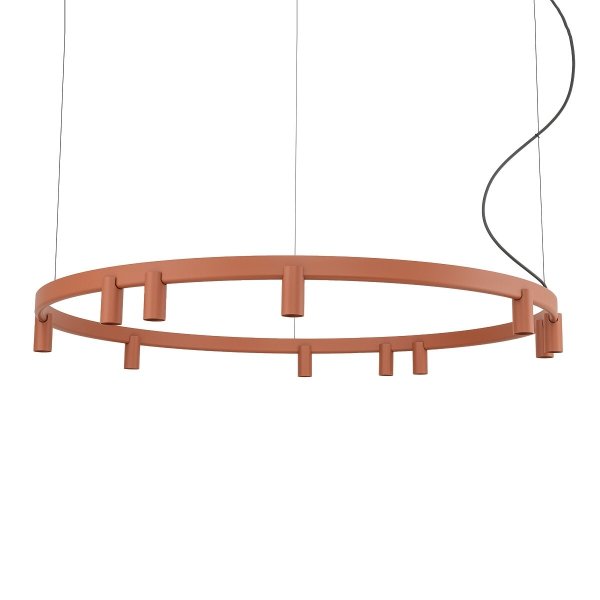 Nowoczesna czarna lampa wisząca FOURTY ROUND LED XI w kształcie minimalistycznego okręgu, świecąca ciepłym światłem nad eleganckim stołem w jadalni.
