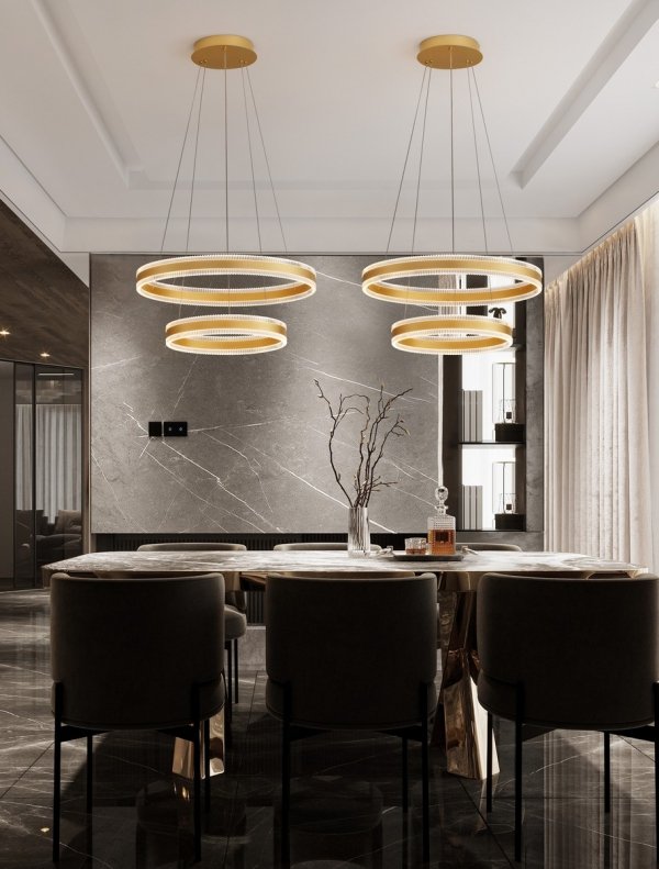 Lampa wisząca LED aluminiowa złota dwa okręgi ringi designerska nowoczesna możliwość ściemniania DONTERIO LE45399 Luces Exclusivas