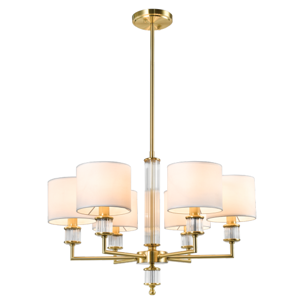 Złota lampa wisząca żyrandol abażurowy SUTTON P06692BR-WH lampa salonowa jadalniana Glamour złota z białymi abażurami