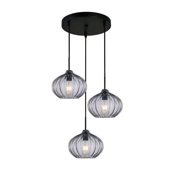 Lampa wisząca potrójna szklane żłobione dekoracyjne klosze czarna w nowoczesnym stylu Pansol PND-2940-3AS-BK-SG2 Italux
