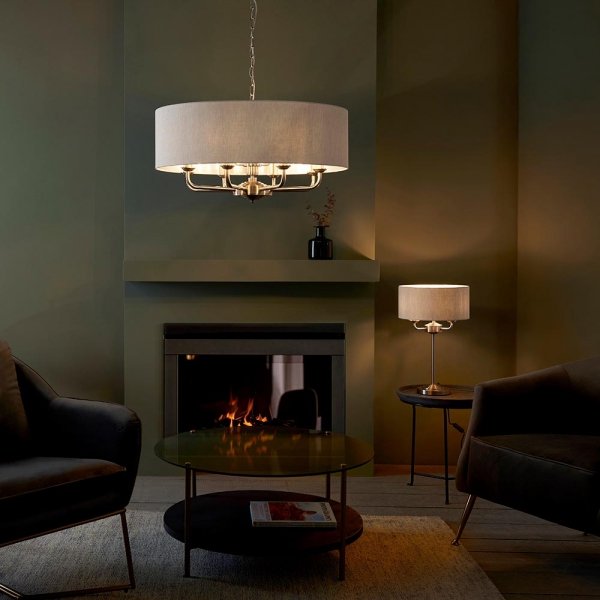 Lampa wisząca abażurowa lniana okrągła chromowana minimalistyczna klasyczna HIGHCLERE 99152 ENDON 