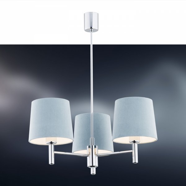 Gustowna lampa wisząca żyrandol minimalistyczny el.chrom 3-płomienny welurowy abażur błękitny elegancki BOLZANO 1383 Argon