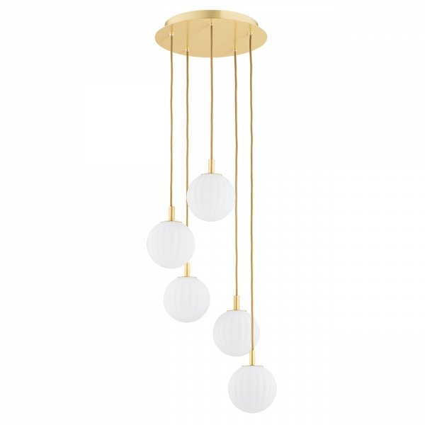 Lampa wisząca złota białe kule opal mat ryflowane szkło 5 płomienna mosiądz szczotkowany PALOMA 2183 Argon