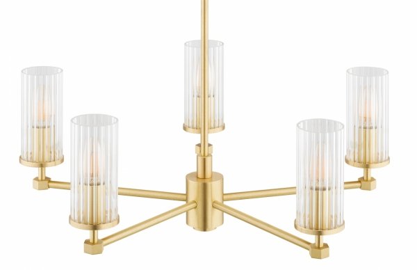 Rozłożysty żyrandol 5-płomienny mosiądz szkło ryflowane transparentne 62cm nowoczesny elegancki HAMPTON 2177 Argon