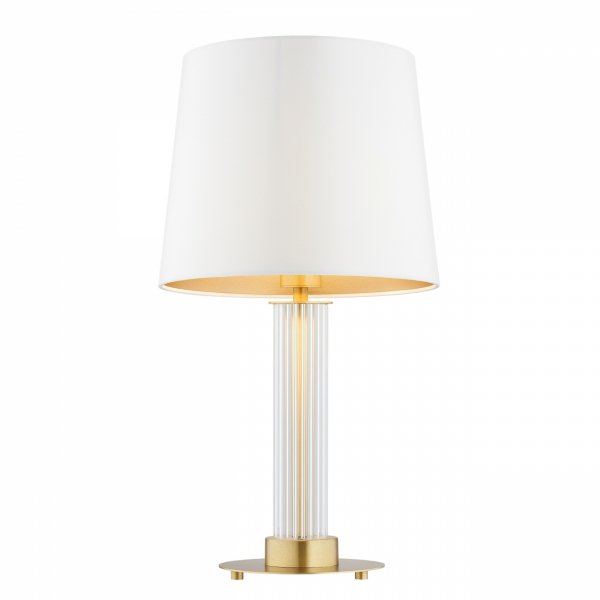 Minimalistyczna lampa stołowa lampka nocna transparentne ryflowane szkło biały abażur satyna mosiądz szczotkowany HAMPTON 8540 Argon