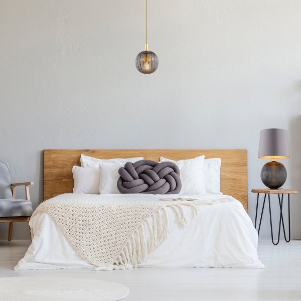 Lampa stołowa lampka nocna elegancka minimalistyczna ciemne szkło kula do salonu szary abażur satyna HAMILTON 8539 Argon