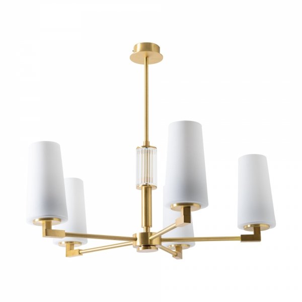 Elegancka lampa wisząca 1244 VINCENZA wykonana ze szczotkowanego mosiądzu z pięcioma kulistymi kloszami z białego szkła na rozłożystych ramionach.