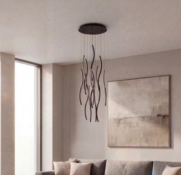 Nowoczesna czarna lampa wisząca LED kaskadowa kompozycja falujących linii FLOW 13 PENDANT 3-STEP DIMM BK AZ6817 Azzardo