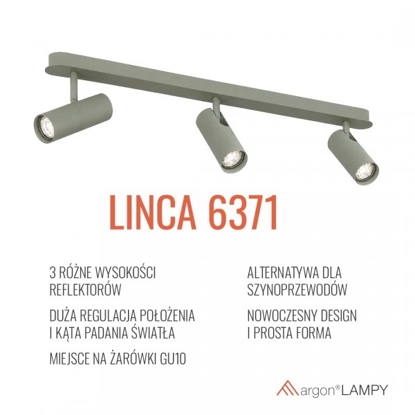 Lampa sufitowa liniowa z 3 reflektorami regulowana zielona minimalistyczna uniwersalna LINCA 6371 Argon