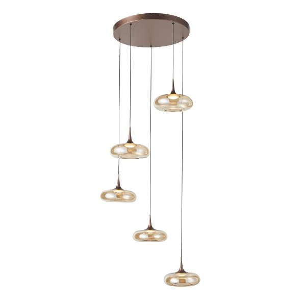 Nowoczesna miedziana lampa wisząca 5pł LED 35W 3000K salonowa szkło bursztynowe Tenele Italux PND-24028-5A-COPP