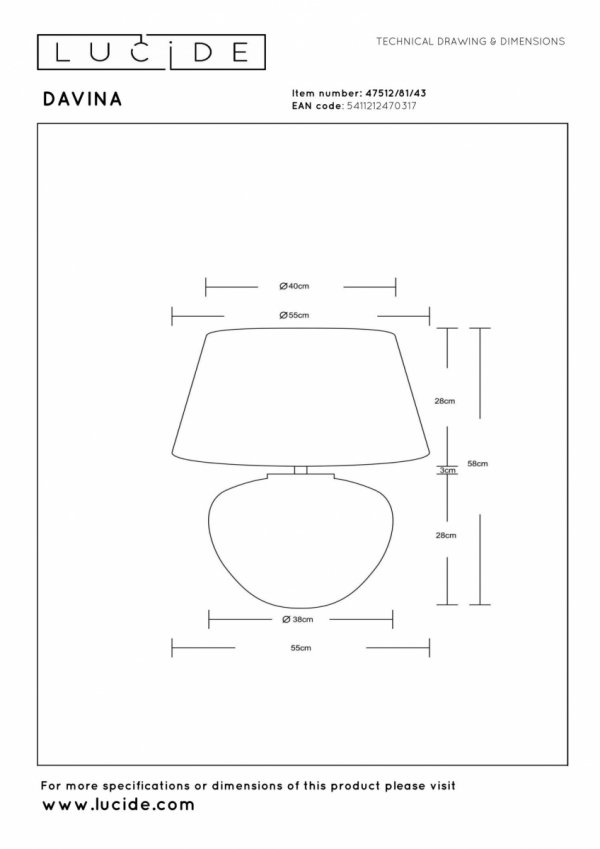 Dekoracyjna lampka stołowa ceramiczna podstawa z bawełnianym abażurem owalna nowoczesna na komodę DAVINA 47512/81/43 LUCIDE