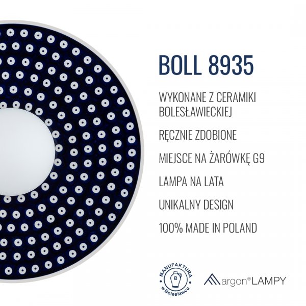 Designerski kinkiet ceramika Bolesławiec płaski talerz granatowy w kropki wyjątkowy dekoracyjny BOLL 8935 Argon x Manufaktura w Bolesławcu 