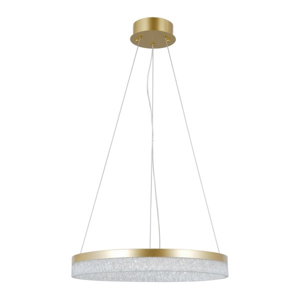 Luksusowa lampa wisząca Italux Pantal PND-34533-M-GD w kolorze błyszczącego złota. Pojedynczy pierścień z kryształowym kloszem zawieszony na cienkich, regulowanych linkach na tle jasnego wnętrza.