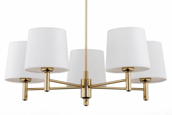 Żyrandol w kolorze złotym aksamitny biały abażur lampa wisząca 5 płomienna kwintesencja elegancji i stylu PONTE PLUS 2106 Argon 