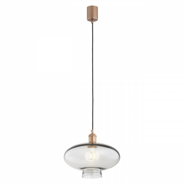 Pojedyncza szklana lampa wisząca Tresco 8981 z ciemnym dymionym kloszem i miedzianym zawieszeniem nad nowoczesnym blatem kuchennym.