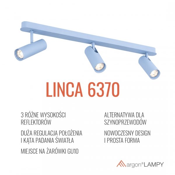 Lampa sufitowa liniowa z 3 reflektorami regulowana niebieska minimalistyczna uniwersalna LINCA 6370 Argon