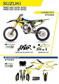 UFO KOMPLET PLASTIKÓW SUKIT418001 PLUS KOMPLET NAKLEJEK (OKLEIN) SUZUKI RMZ 250 19-22; RMZ 450 18-22 W ZESTAWIE PRZEDNIA TABLICA 