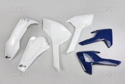 UFO KOMPLET PLASTIKÓW HUSQVARNA TE/TX 125/250/300 17-19, FE 250/350/450/501 17-19 KOLOR OEM (BIAŁY, OSŁONY CHŁODNIC NIEBIESKIE) 