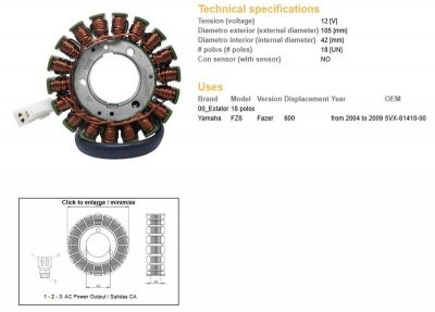 DZE UZWOJENIE ALTERNATORA STATOR YAMAHA FZ6 FAZER 04-09 (OEM 5VX-81410-00)