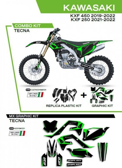 UFO KOMPLET PLASTIKÓW KAKIT227001 PLUS KOMPLET NAKLEJEK (OKLEIN) KAWASAKI KXF 250 21-22; KXF 450 19-22 W ZESTAWIE PRZEDNIA TABLI