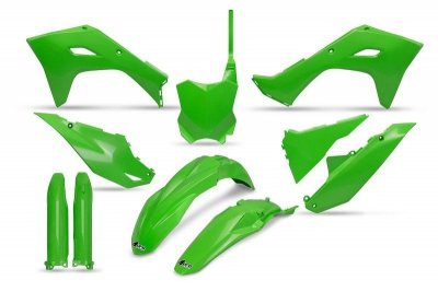 UFO KOMPLET PLASTIKÓW (FULL KIT) Z OSŁONAMI TELESKOPÓW (AMORTYZATORÓW) KAWASAKI KXF 450 '24, KOLOR OEM ZIELONY