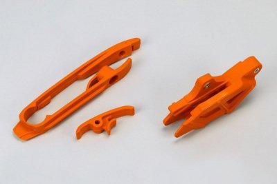 UFO KOMPLET ŚLIZG (MAŁY I DUŻY) + PROWADNICA ŁAŃCUCHA KTM SX 125/150/250, SX-F 250/350/450 11-15, SX 250 16, KOLOR POMARAŃCZOWY