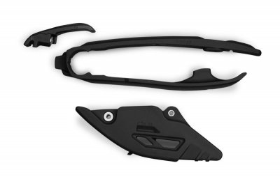 UFO KOMPLET ŚLIZG + PROWADNICA ŁAŃCUCHA KTM SX 125 / 250 / 300 '23-'25, SXF (SX-F) 250 / 350 / 450 '23-'25, EXC 150 / 250 / 300 '24-'25, EXCF (EXC-F) 350 / 450 / 500 '24-'25 KOLOR CZARNY 