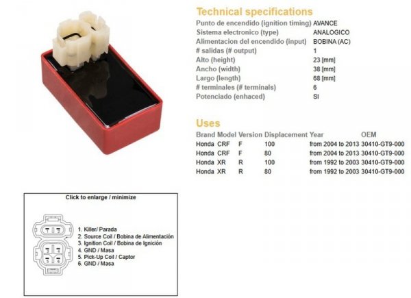 DZE MODUŁ ZAPŁONU CDI HONDA CRF 80/100F 04-13; XR 80/100R 92-03 (30410-GT9-000)