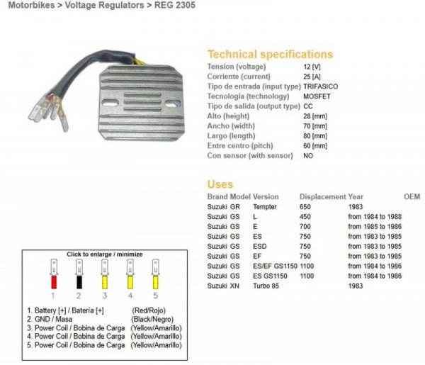 DZE REGULATOR NAPIĘCIA SUZUKI GS 450L 84-88; GS 700E 85-86; GS 750ES/EF/ESD 83-85; GS 1100ES/EF 84-86; GR 650 TEMPTER 83 (ESR130