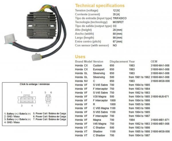 DZE REGULATOR NAPIĘCIA HONDA CX 650 83; GL 650 83; VF 700S 84-85; VF 750F/S/C 84-85; VF 1000/1100R/F/C 84-86 (ESR650)