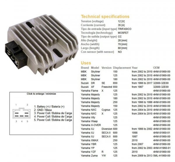 DZE REGULATOR NAPIĘCIA SUZUKI DR 650SE 96-17; XF 650 FREEWIND 97; YAMAHA 125/150/180/250 MAJESTY 96-10; XJ 600 DIVERSION 96-02; 