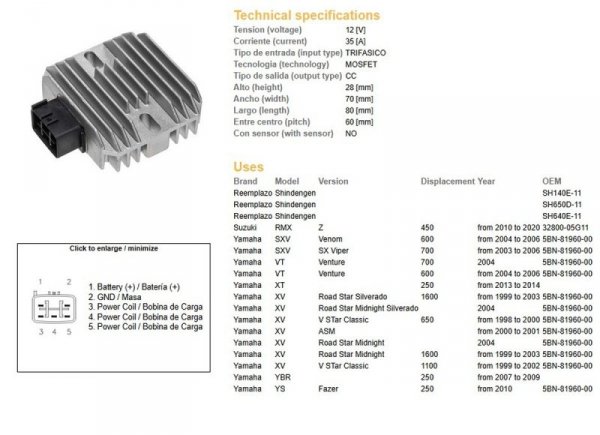 DZE REGULATOR NAPIĘCIA YAMAHA XT 250 13-14; YBR 250 07-09; XV 650 DRAG STAR 98-00; XV 1600 ROAD STAR 99-03 (OEM-5BN-81960-00) (R
