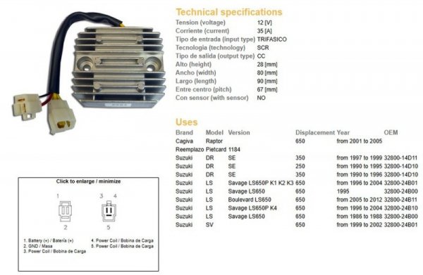 DZE REGULATOR NAPIĘCIA SUZUKI DR 250SE 90-95; DR 350SE 90-99; LS 650 SAVAGE 95-12; SV 650 99-02; CAGIVA 650 RAPTOR 01-05 (32800-