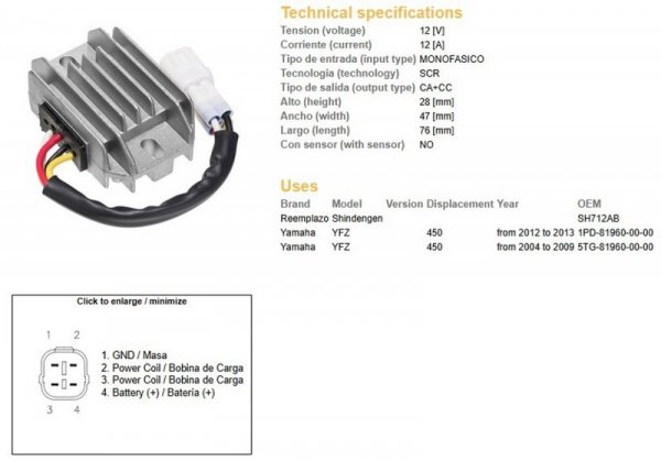 DZE REGULATOR NAPIĘCIA YAMAHA YFZ 450 04-09; YFZ 450 12-13 (SH712AB) (5TG-81960-00-00) (1PD-81960-00-00) (12A)
