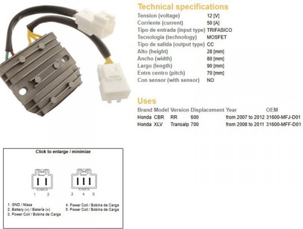 DZE REGULATOR NAPIĘCIA HONDA CBR 600RR 07-12; XL 700V TRANSALP 08-11 (50A) (31600-MFJ-D01)