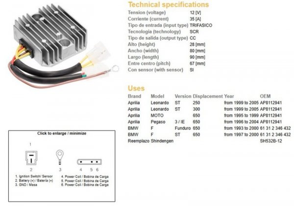 DZE REGULATOR NAPIĘCIA BMW F 650F/ST 93-00; APRILIA 650 PEGASO 96-04; LEONARDO 250/300ST 99-05 (SH532B-12) (61312346432, AP81129
