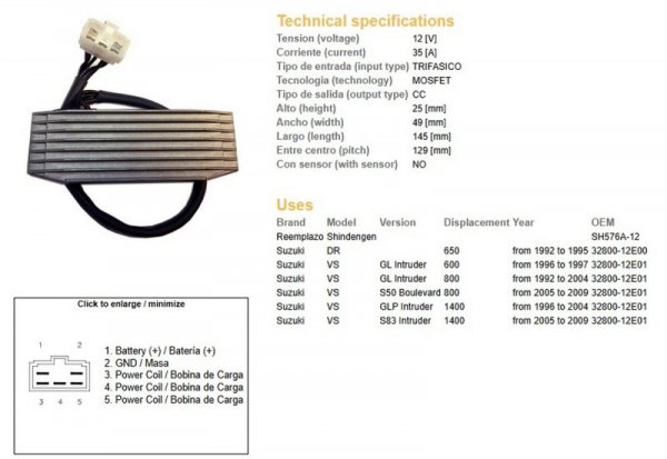 DZE REGULATOR NAPIĘCIA SUZUKI DR 650 92-95; VS 600 INTRUDER 96-97; VS 800 INTRUDER 92-04; VS 800 BOULEVARD 05-09; VS 1400 INTRUD