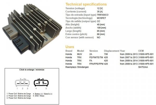 DZE REGULATOR NAPIĘCIA HONDA TRX 420FE/FM/TE/TM 07-14; MUV 700 09-13 (35A) (31600-HP5-601) (SH753AA) (ESR318)