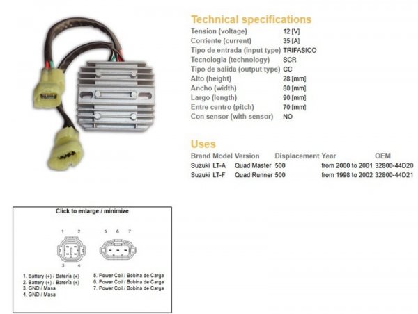 DZE REGULATOR NAPIĘCIA SUZUKI LT-A QUAD MASTER 500 00-01; LT-F 500 QUAD RUNNER 98-02 (OEM 32800-44D20) (OEM 32800-44D21)