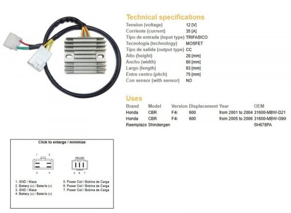 DZE REGULATOR NAPIĘCIA HONDA CBR 600F F4 01-06 (35A) (31600-MBW-D21) (ESR431) (SH678PA)