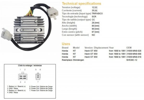 DZE REGULATOR NAPIĘCIA HONDA NTV 650 88-91 12V 35A (SH538C-12) (31600-MN8-008) (31600-MN8-028) (ESR252)