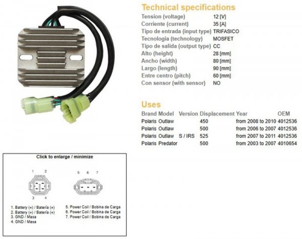 DZE REGULATOR NAPIĘCIA POLARIS PREDATOR 500 03-07; OUTLAW 400/500/525 06-11 (35A) (OEM-4010654, 4012536) (ESR541)
