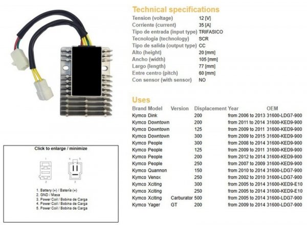 DZE REGULATOR NAPIĘCIA KYMCO XCTING 250/500 06-11; DINK 200 06-13; PEOPLE 125/200/250 07-14 (ESR921)
