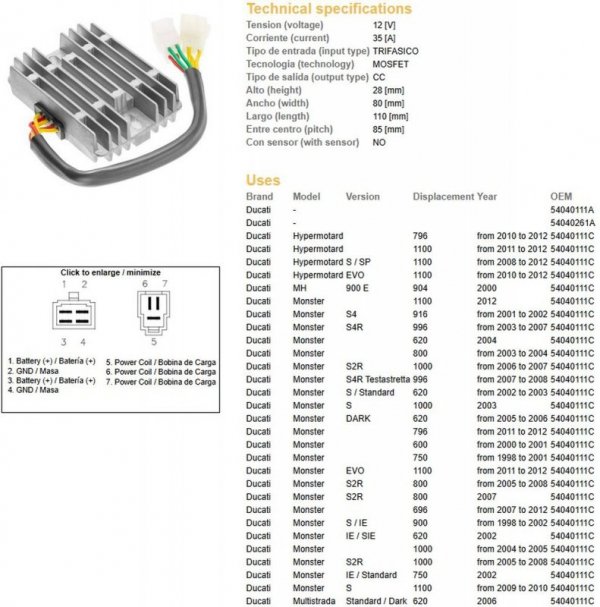 DZE REGULATOR NAPIĘCIA DUCATI 600/620/748/750/796/800/900/916/944/992/996/1000/1100 98-12 (35A)(54040111C, SH579-B11) (ESR532) -